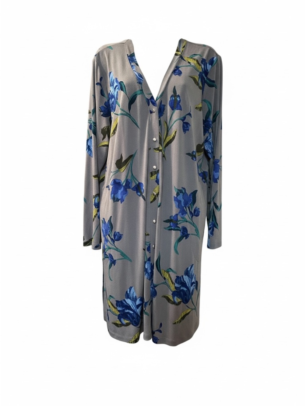 Susan Graver Gray Cardigan with Blue and Teal Floral Accents